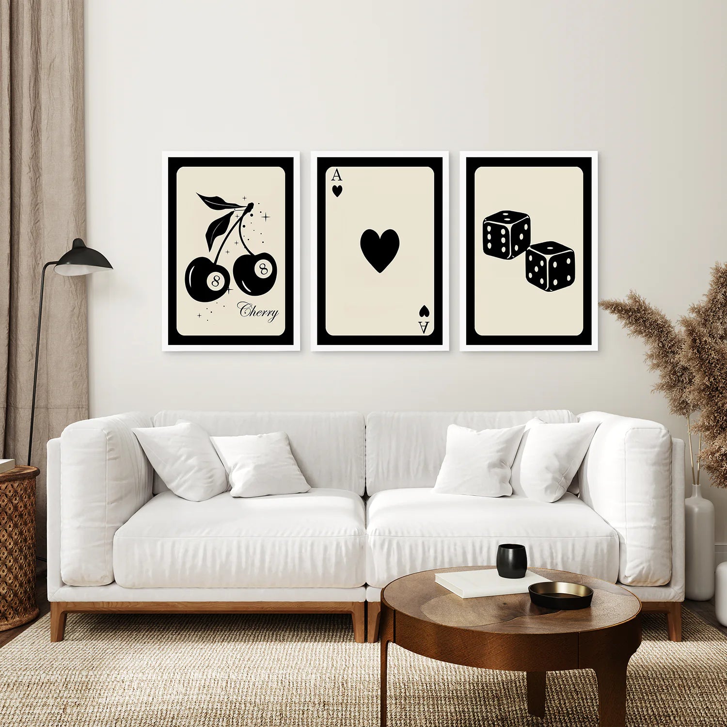 Roll the Dice Modern Wall Poster. White Frames Above the Sofa.