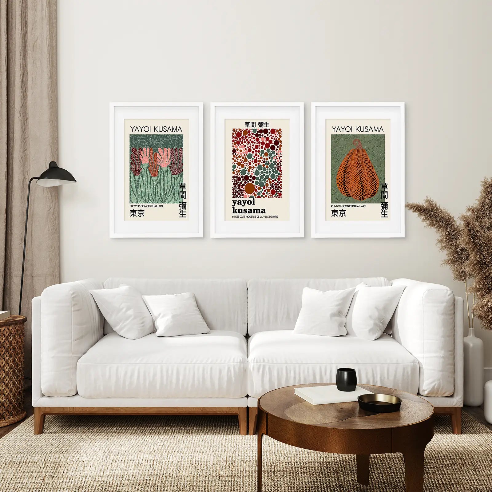 Modern Wall Art Pumpkin Poster Gallery Set. White Frames with Mat Above the Sofa.