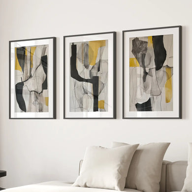 Gold Abstract Art Prints Modern Wall Decor. Black Frames with Mat for Living Room.