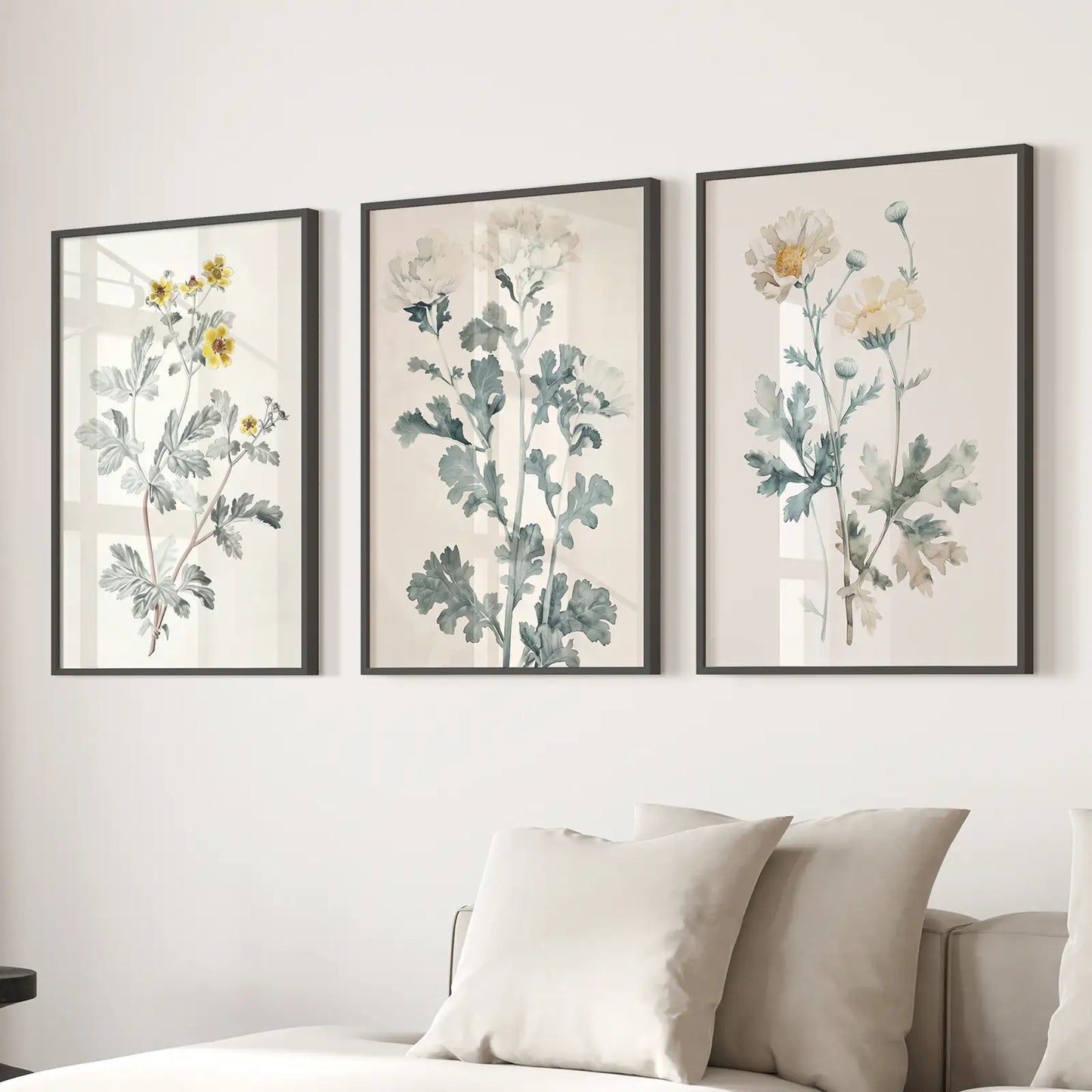 Wild Flowers Trendy Art Set of 3 Prints . Black Frames Above the Sofa.