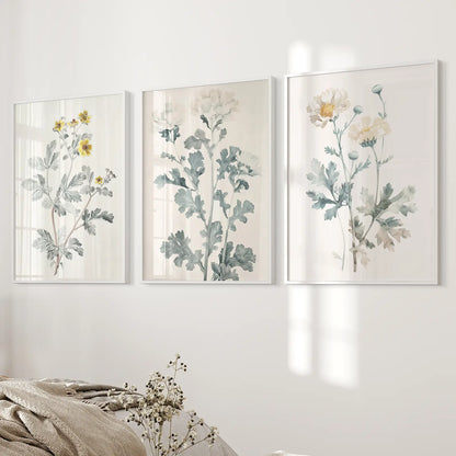 Farmhouse Botanical Watercolor Poster Set. White Frames Above the Bed.