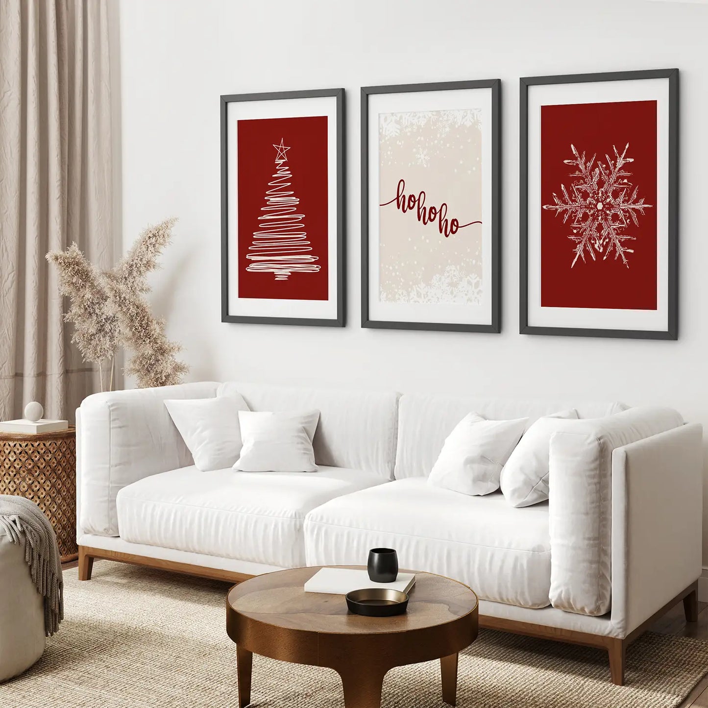 Gallery Set of 3 Christmas Art Prints. Black Frames with Mat Over the Coach.