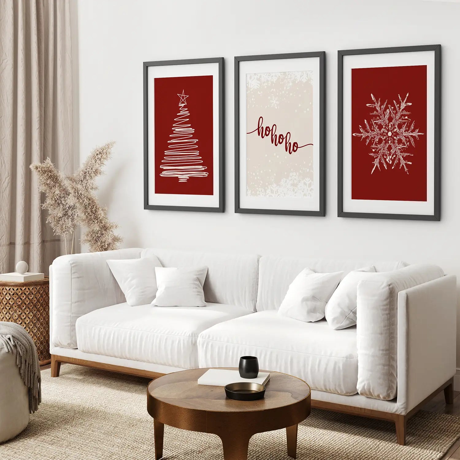 Gallery Set of 3 Christmas Art Prints. Black Frames with Mat Over the Coach.