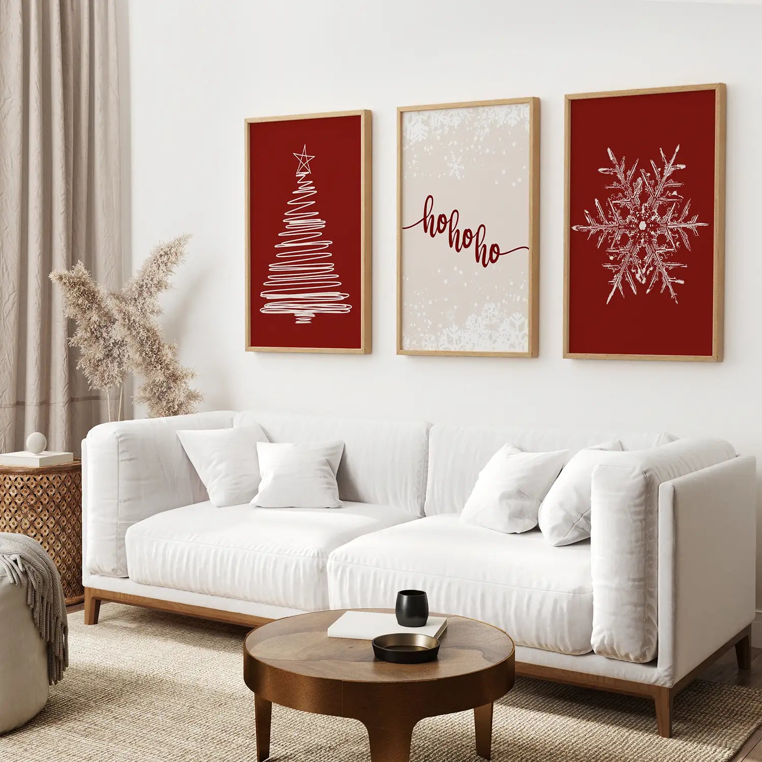 Ho Ho Ho Holiday Art Home Decor Set. Thin Wood Frames for Living Room.