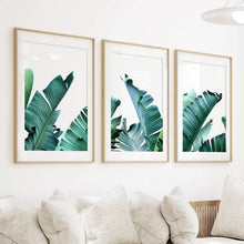 Load image into Gallery viewer, Green Banana Leaves 3 Piece Set. Tropical Wall Art

