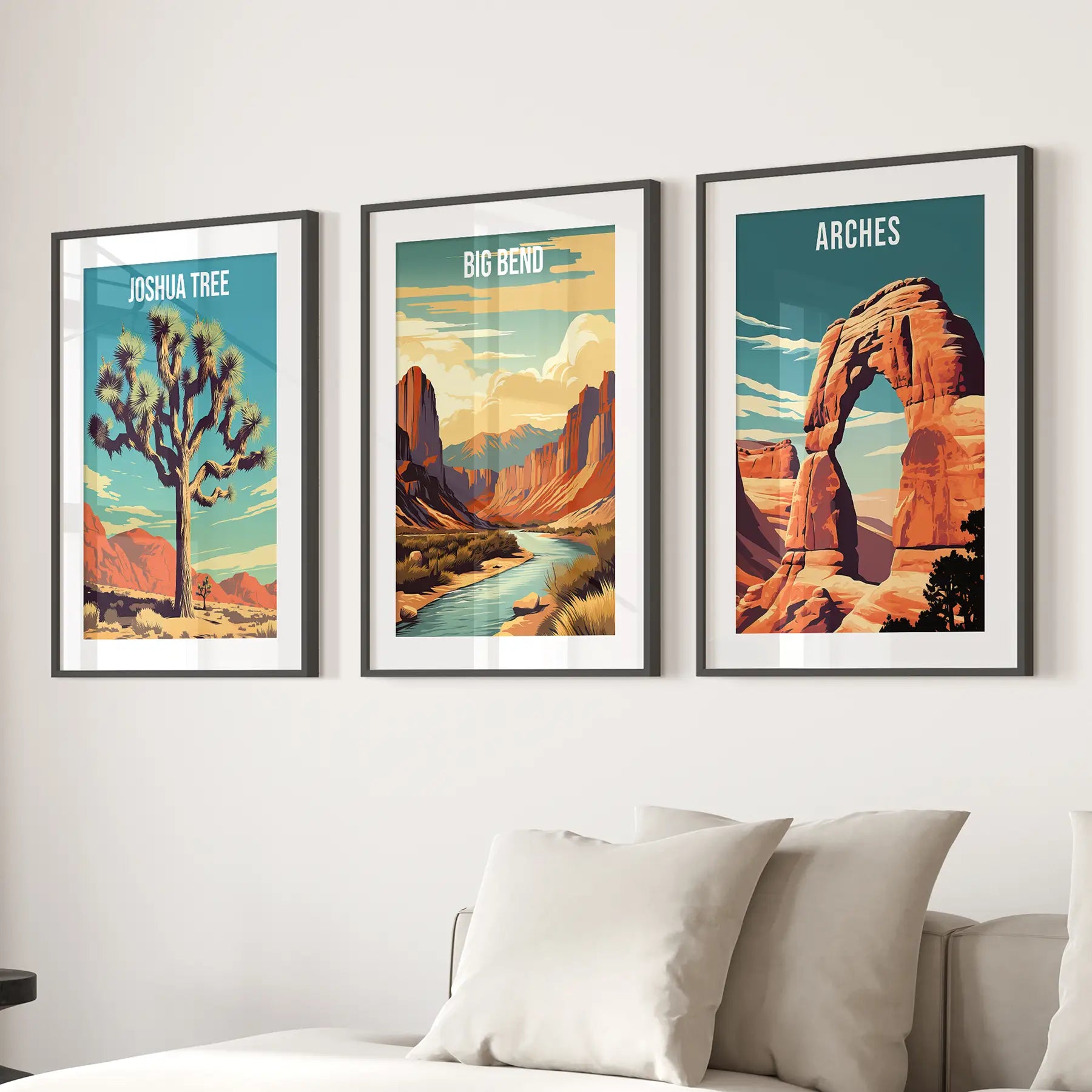 Modern California national park poster. Trendy Print at home. Black frames with mat for living room.