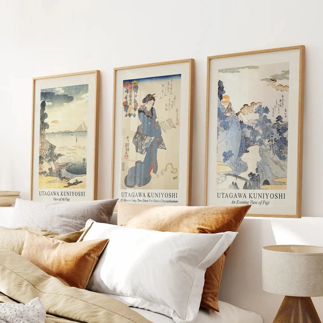 Large Japanese Prints Home Decor Set. Thinwood Frames Over the Bed.
