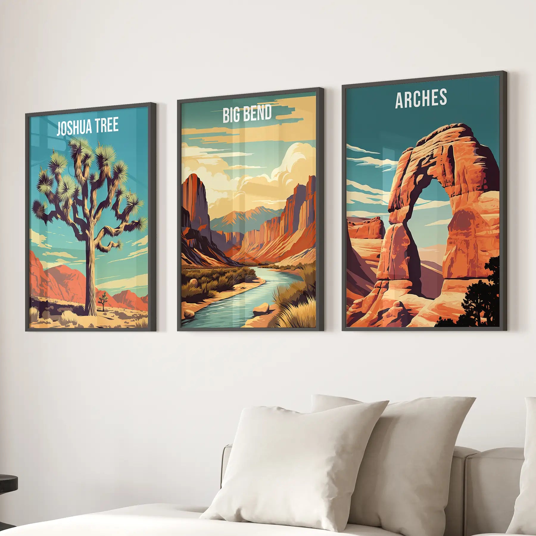 Retro travel art prints. Arches national park wall decor. Black frames over the couch.