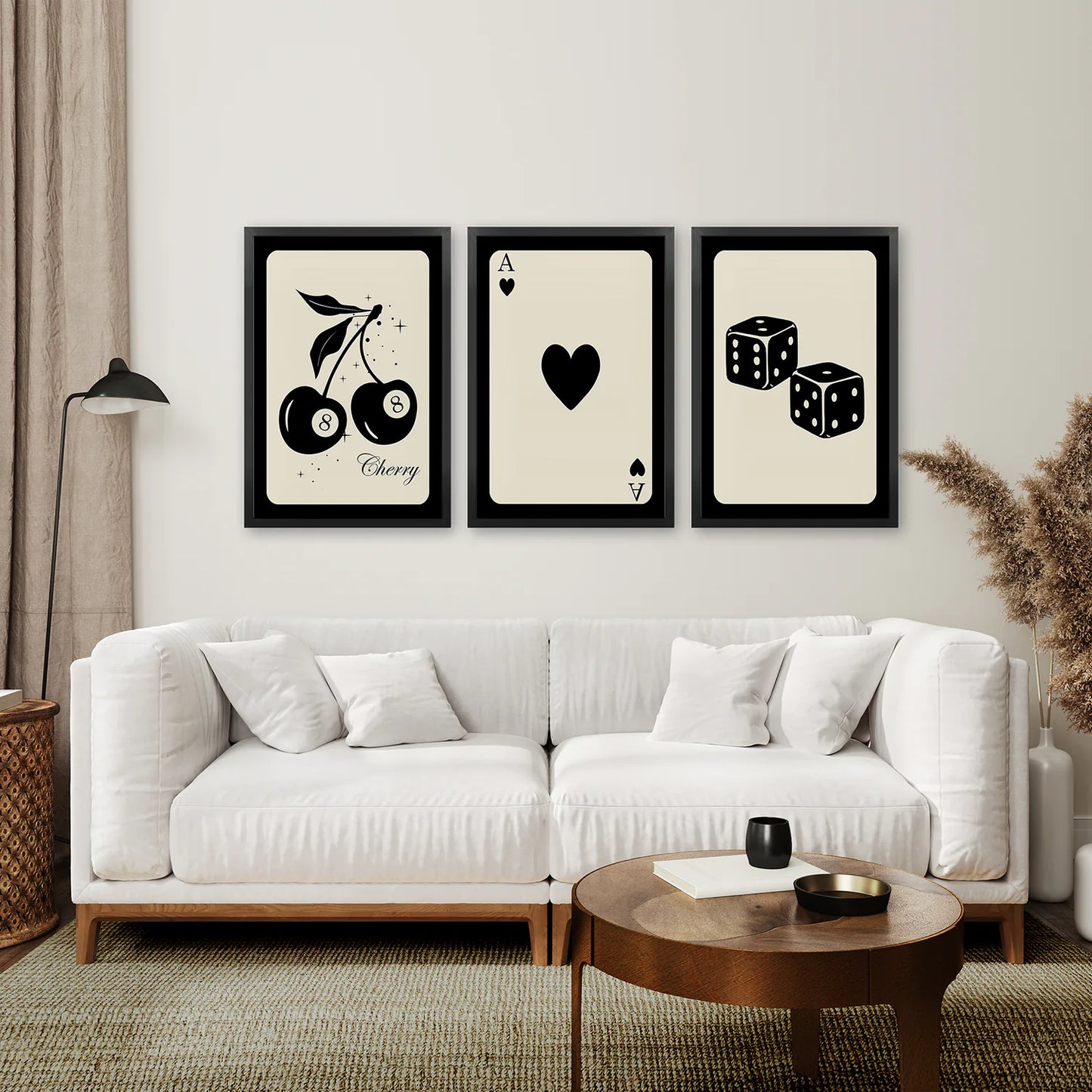 Wall Art Set of 3 Deck of Cads. Black Frames Over the Sofa.