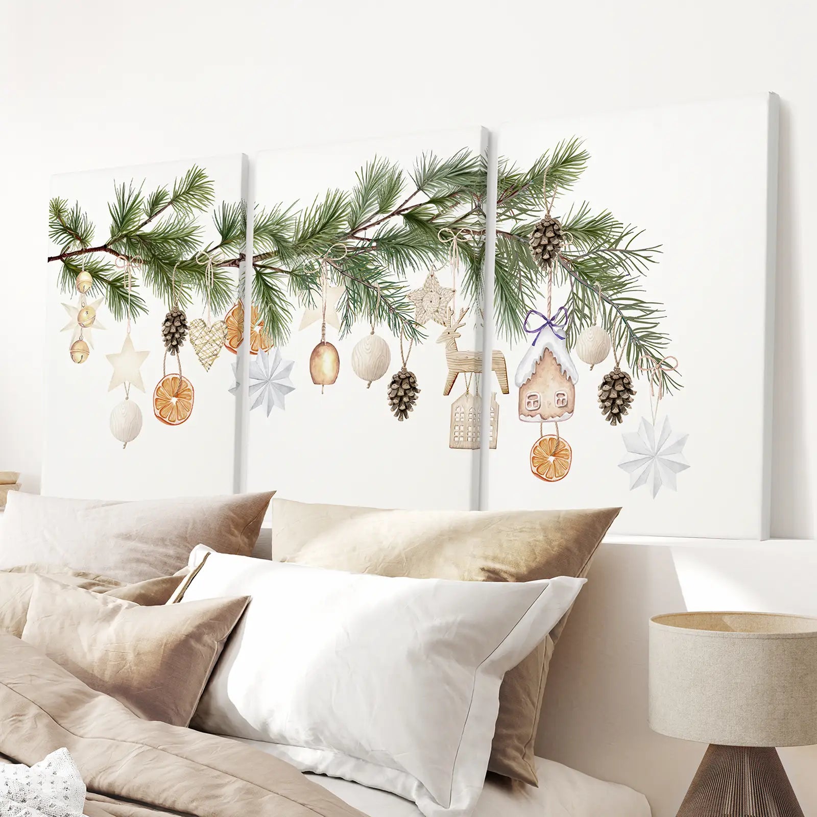 Christmas Gallery Wall Winter Decor Print Set. Stretched Canvas Over the Bed.