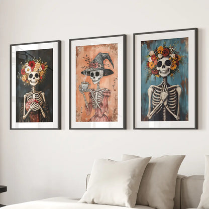 Dark Spooky Skeletons Wall Art Halloween Poster Set. Black Frames with Mat Over the Couch.