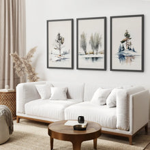 Load image into Gallery viewer, Trees Minimalist Wall Art Large Print Set. Black Frames Above the Sofa.
