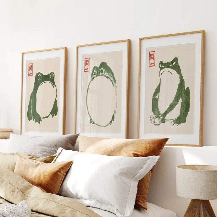 Vintage Green Frog Printable Wall Art Set. Thinwood Frames with Mat Over the Bed.