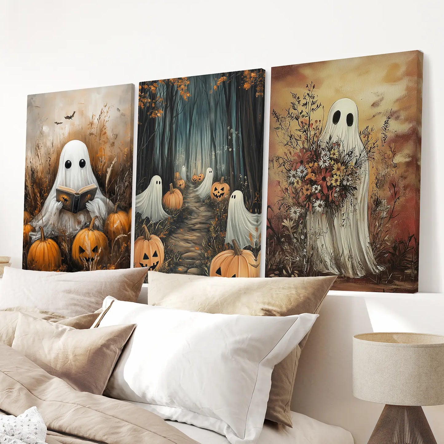 Cute Ghost with Flowers Print Poster Set. Stretched Canvas for Bedroom.