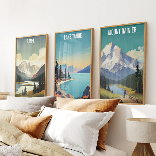 Lake Tahoe illustration travel poster gift. California wall art. Thinwood frames above the bed.