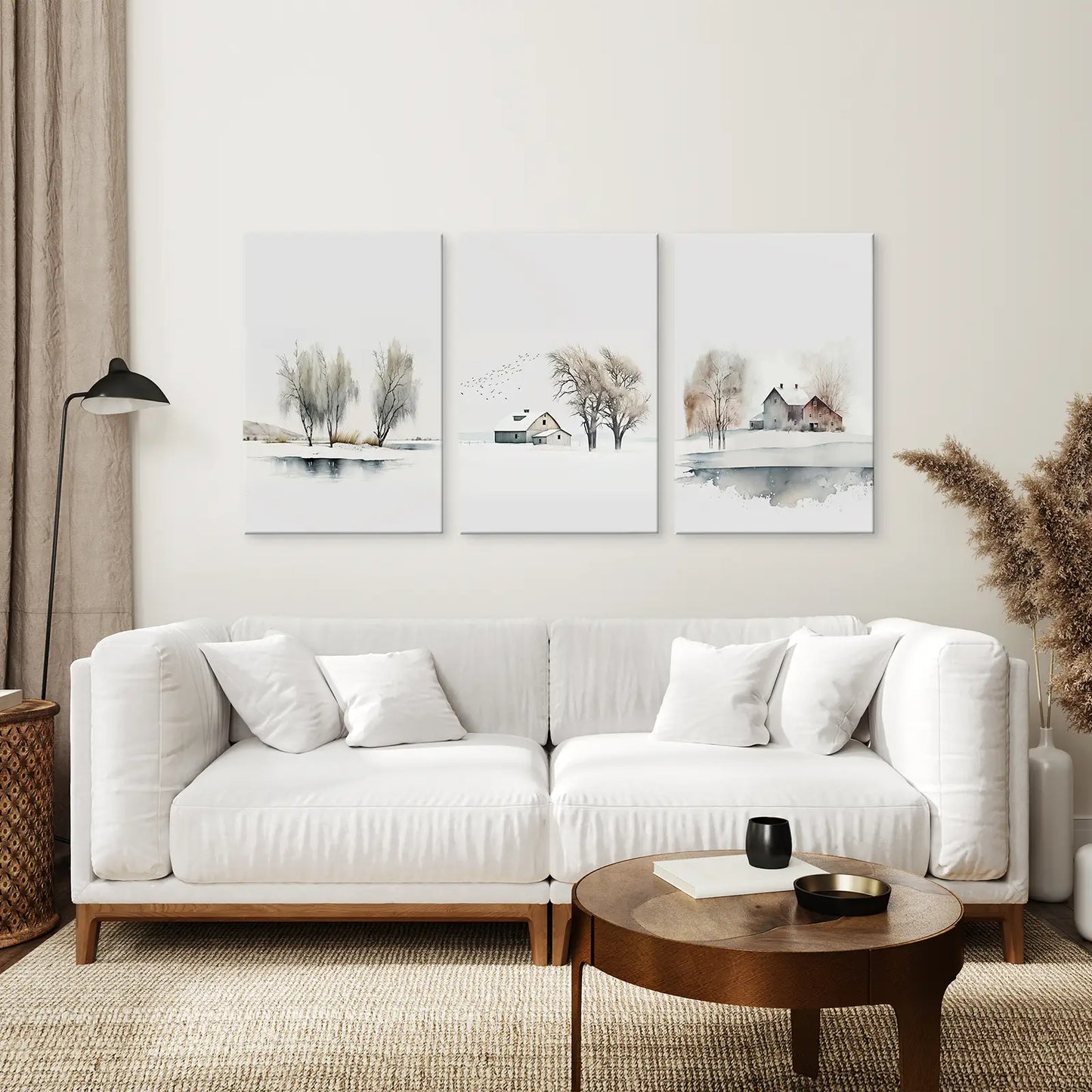 Snowy Nature Landscape Painting Wall Decor. Stretched Canvas Above the Sofa.