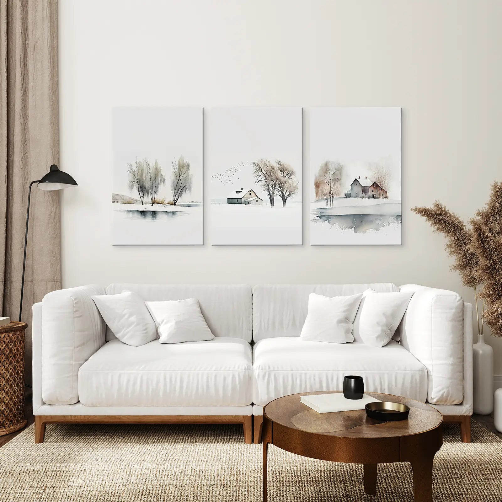 Snowy Nature Landscape Painting Wall Decor. Stretched Canvas Above the Sofa.