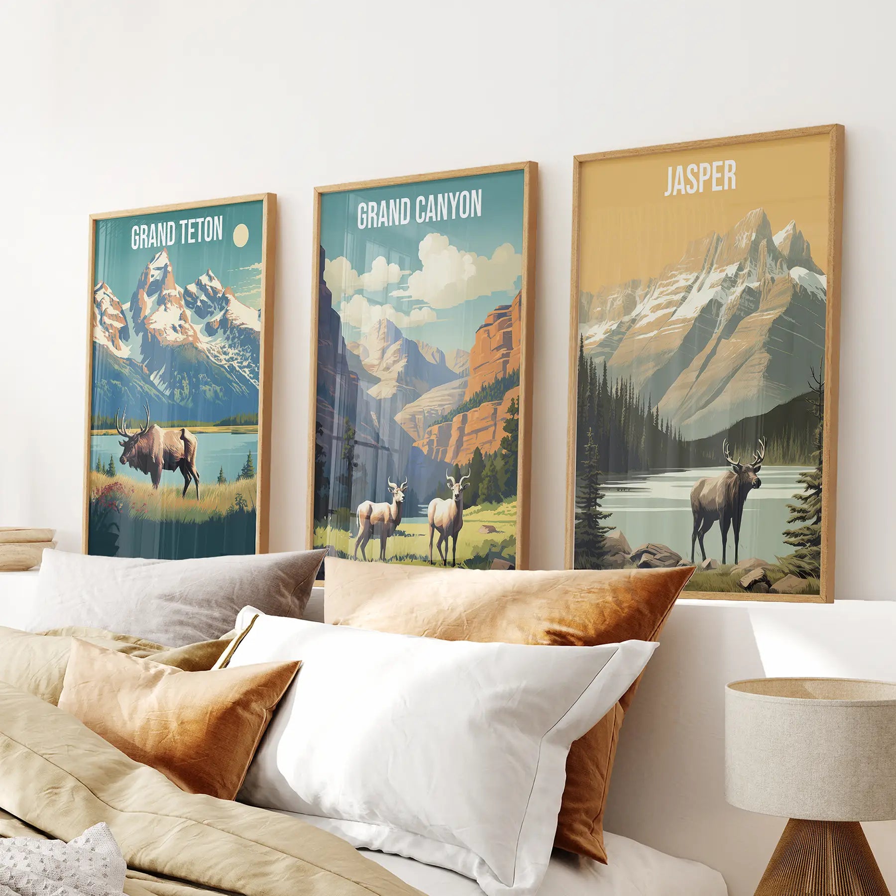 Three posters of national park. Trendy wall art decor. Thinwood frames above the bed.