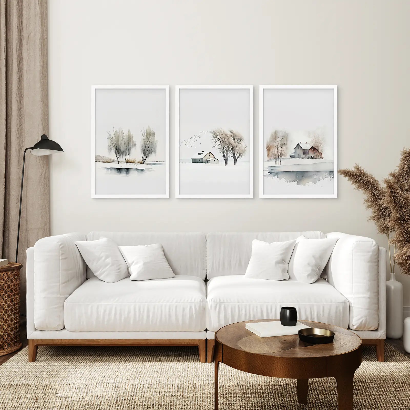 Trees Watercolor Painting Large Poster Set. White Frames Above the Sofa.