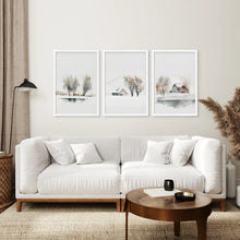 Load image into Gallery viewer, Trees Watercolor Painting Large Poster Set. White Frames Above the Sofa.
