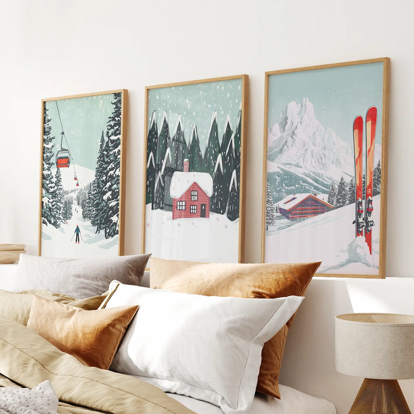 Snowy Mountains Ski Watercolor Art Decor Prints. Thinwood Frames Above the Bed.