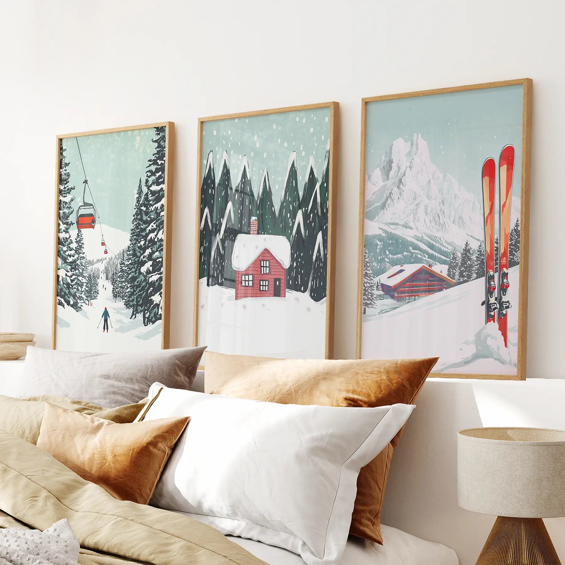 Snowy Mountains Ski Watercolor Art Decor Prints. Thinwood Frames Above the Bed.