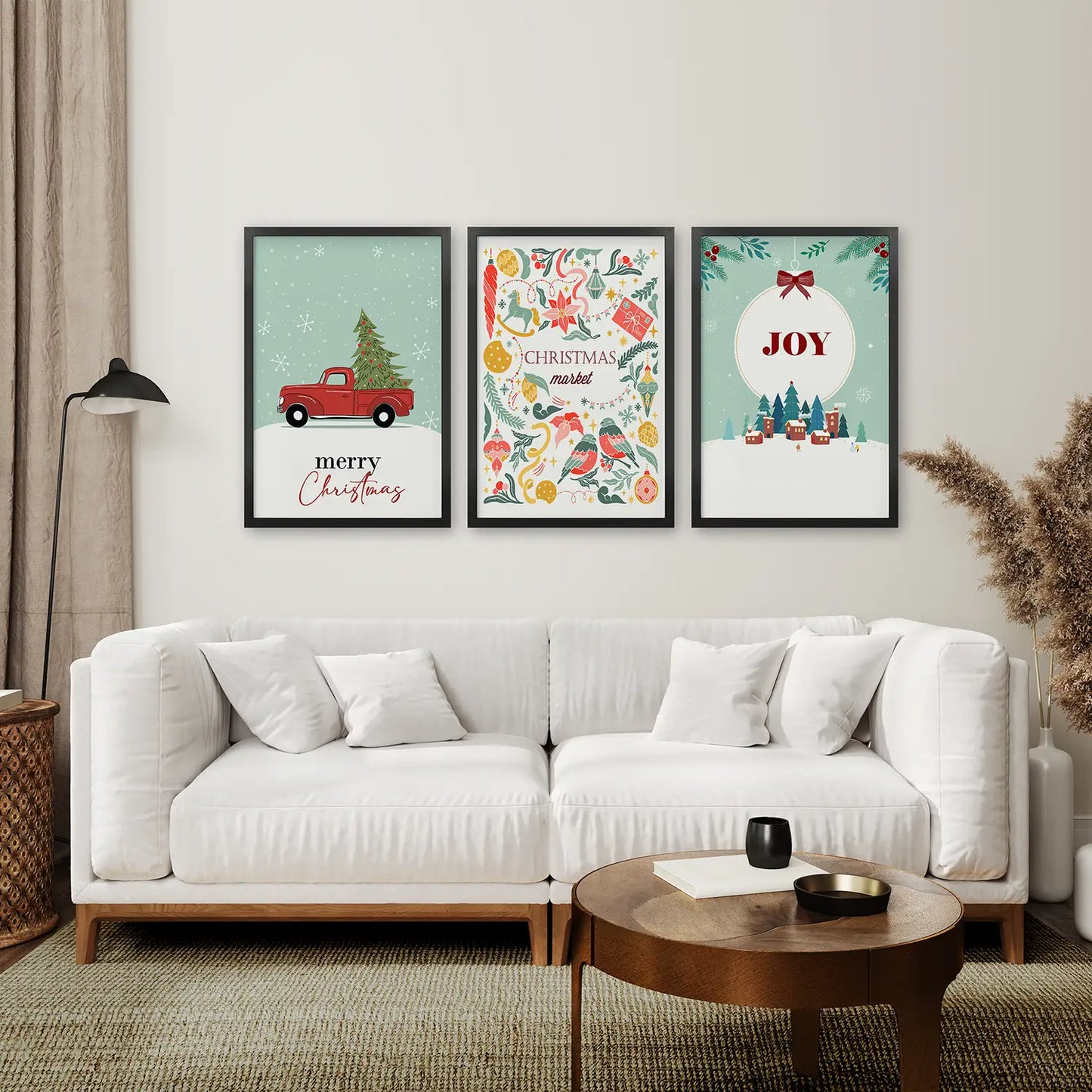 Colorful Christmas Holiday Decor Art Set. Black Frames for Living Room.