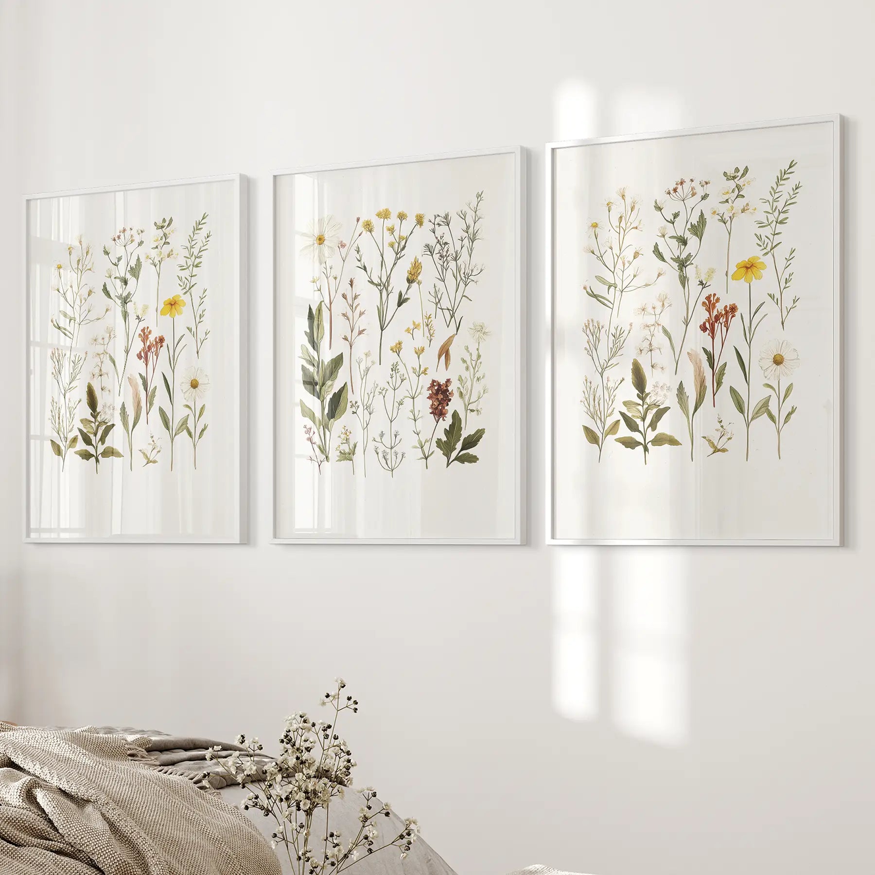 Gift for nature lover. Wildflower wall art trendy poster. White frames over the bed.