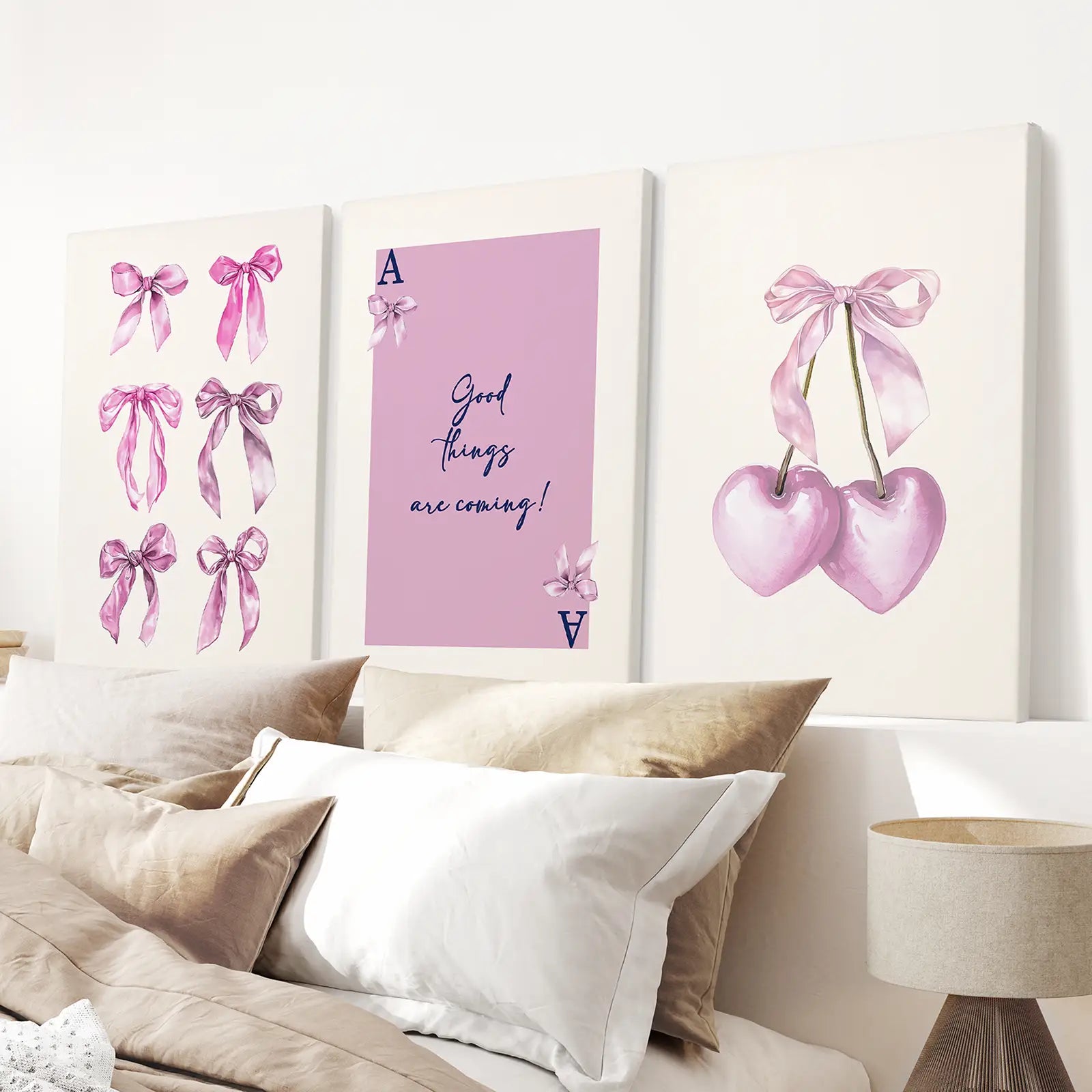 College Apartment Decor Preppy Pink Posters. Stretched Canvas Over the Bed.