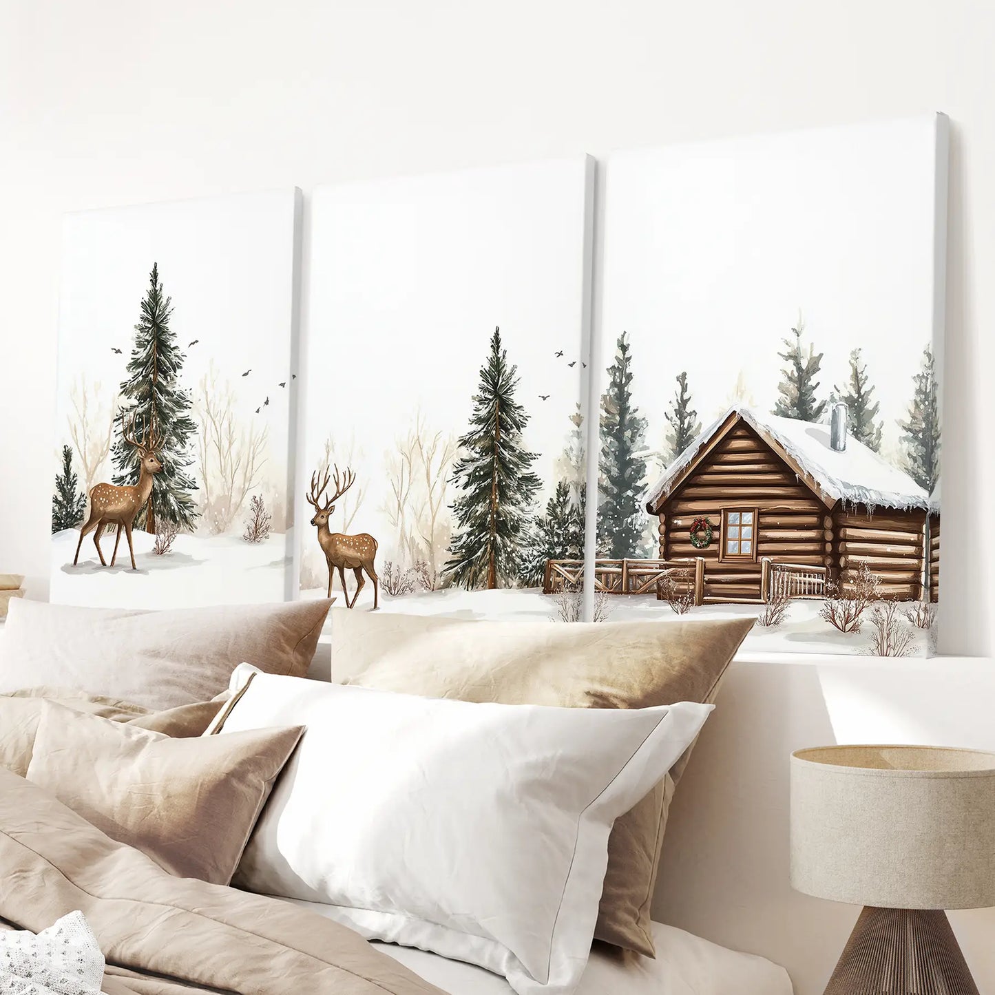 Winter woodland wildlife painting. Winter landscape watercolor paintings. Stretched canvas above the bed.