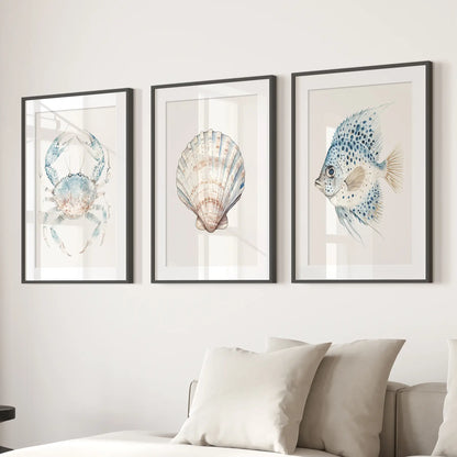 Minimalist nautical coastal wall art. Modern Hamptons style artwork. Black frames with mat over the couch.