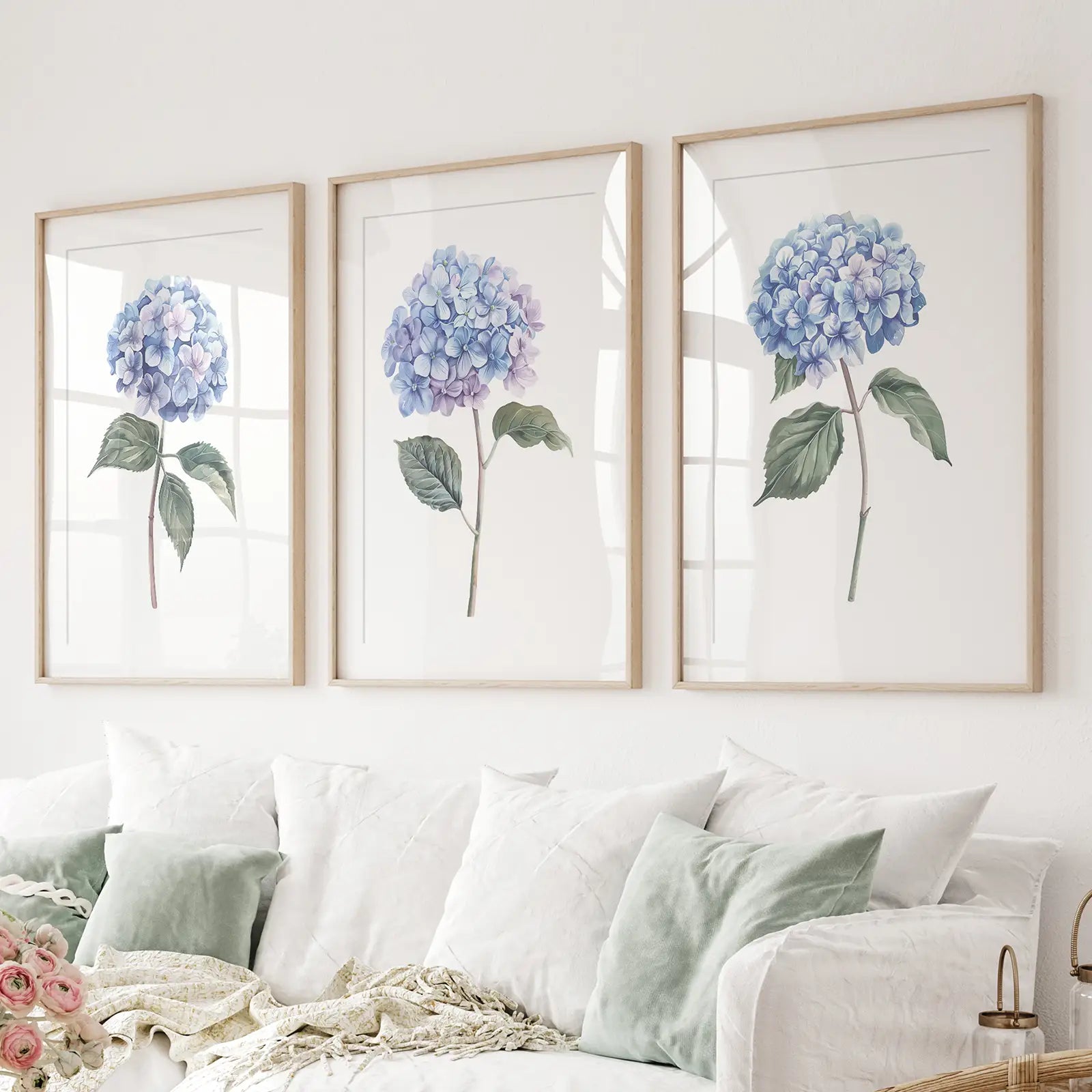 Modern Wall Art Watercolor Floral Poster Set. Thinwood Frames with Mat Above the Sofa.