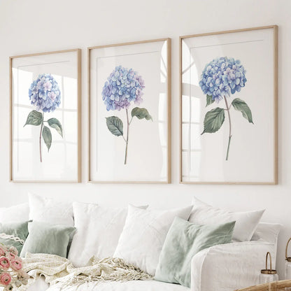 Modern Wall Art Watercolor Floral Poster Set. Thinwood Frames with Mat Above the Sofa.