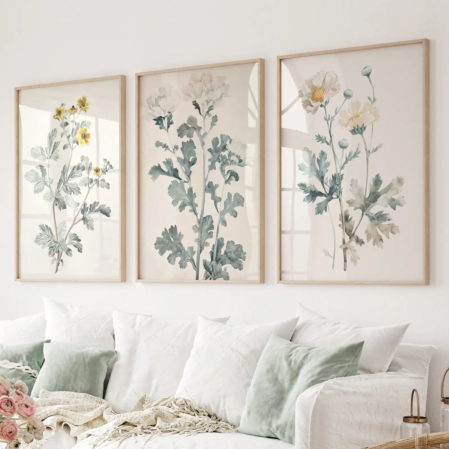 Meadow Floral Large Prints Room Decor. Thinwood Frames Above the Sofa.