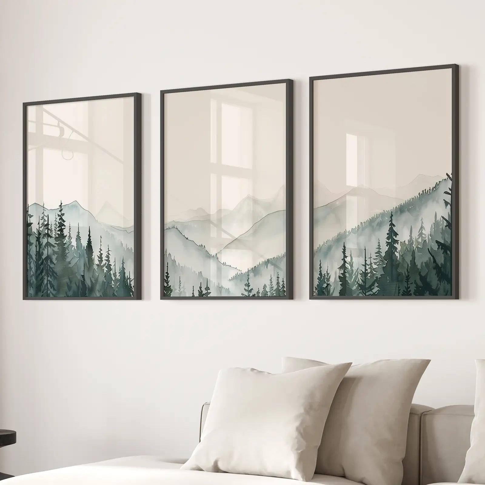 Green Wall Art Mountain Painting Apartment Decor Prints. Black Frames Over the Couch.