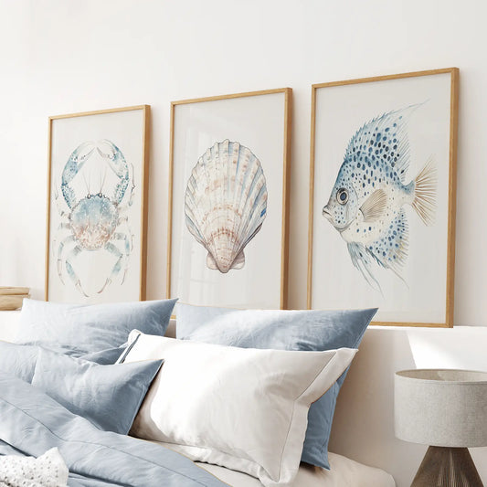 Modern art poster gift. Minimalist watercolor wall decor. Thinwood frames above the bed.
