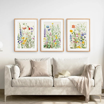 Floral Farmhouse Watercolor Print Decor Set. Thinwood Frames with Mat Over the Couch.