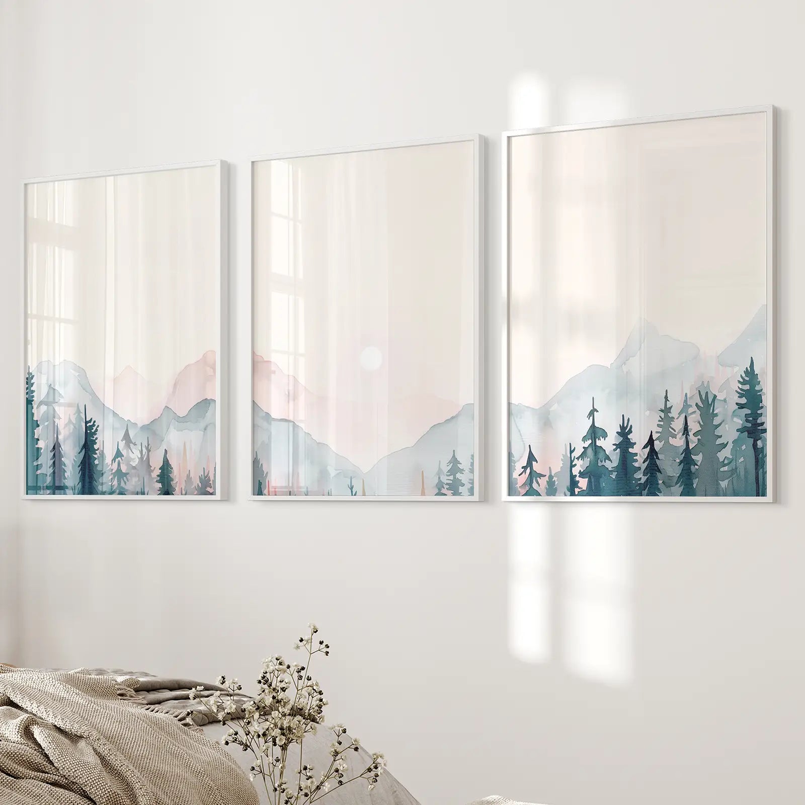 Watercolor Mountain Print Best Selling Wall Decor. White Frames Above the Bed.