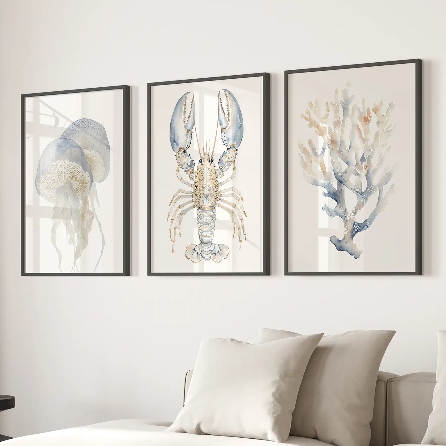 Jellyfish painting ocean art. Watercolor neutral wall decor. Black frames over the couch.
