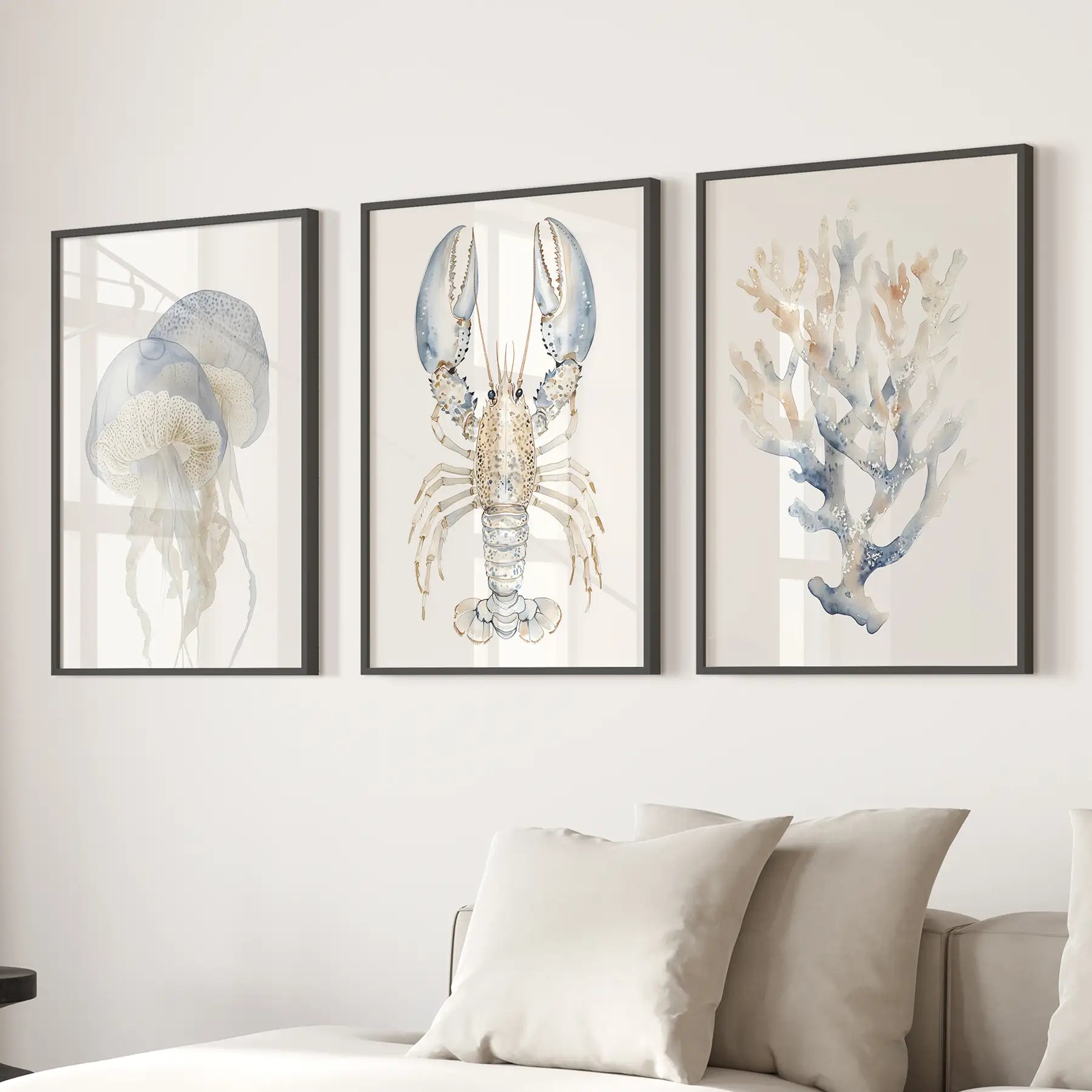 Jellyfish painting ocean art. Watercolor neutral wall decor. Black frames over the couch.