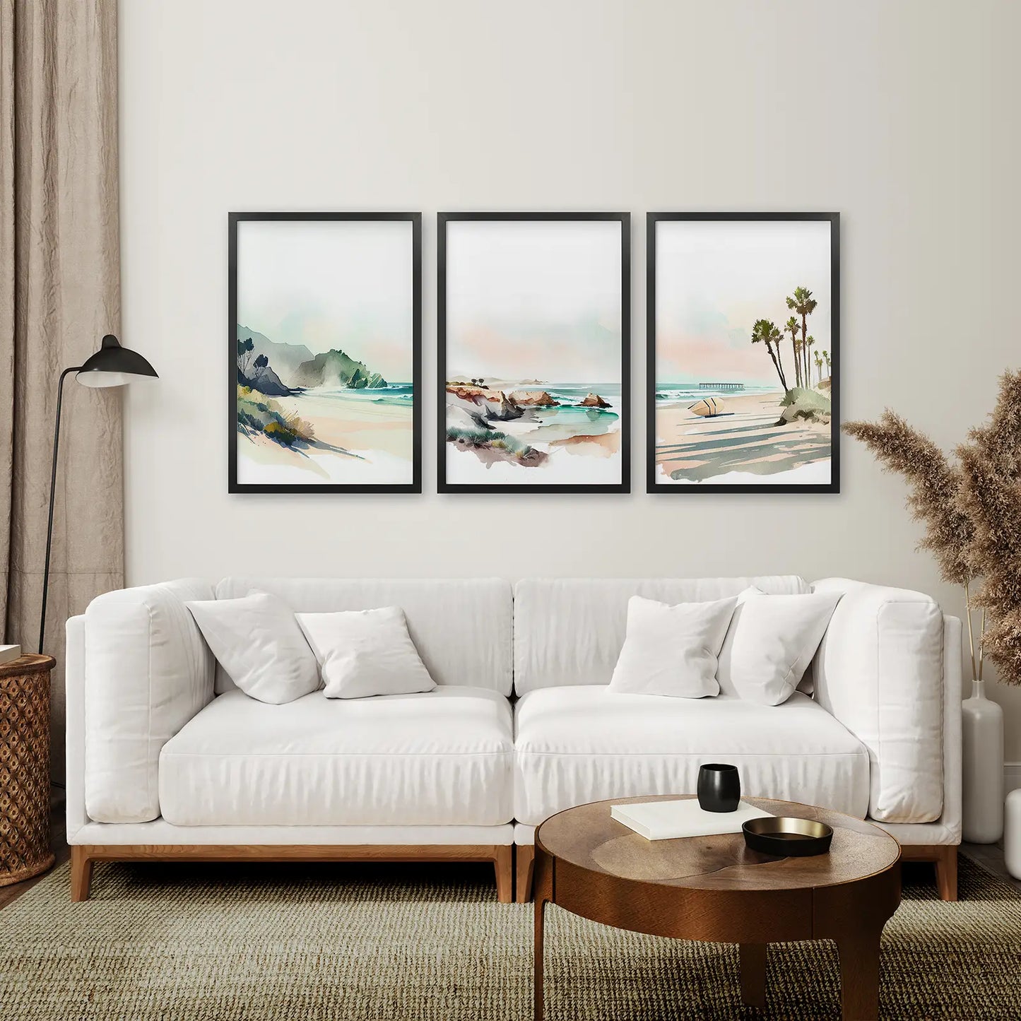 Beach Landscape Prints Art Set Room Decor. Black Frames Over the Couch.