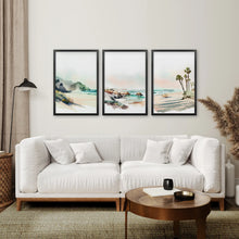 Load image into Gallery viewer, Beach Landscape Prints Art Set Room Decor. Black Frames Over the Couch.
