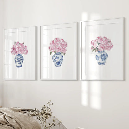 Watercolor Floral China Vase Printable Art Prints. White Frames with Mat Above the Bed.