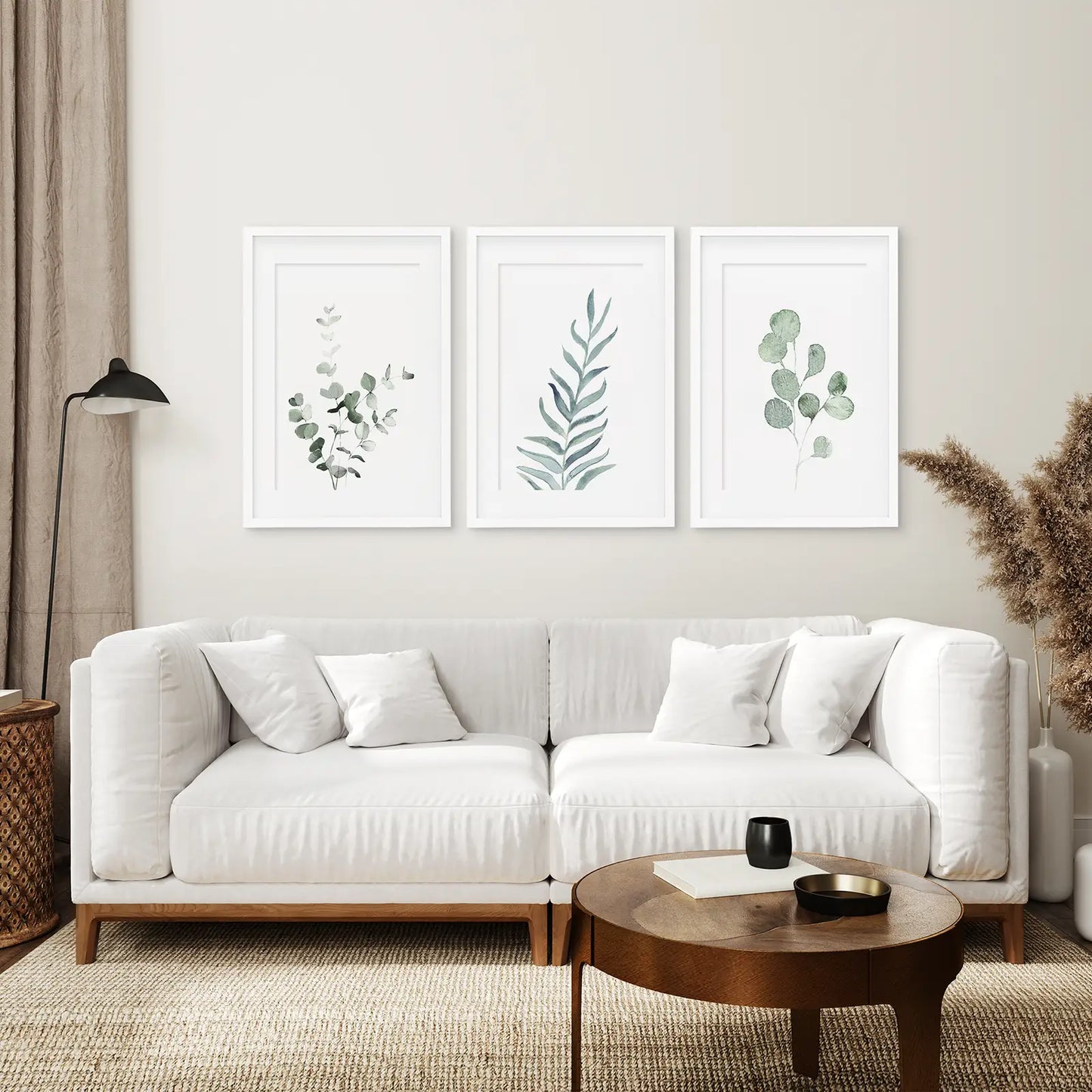 Modern Minimalistic Plants Art Decor Set. White Frames with Mat Above the Sofa.