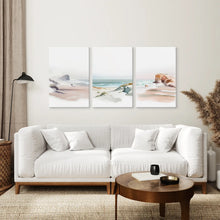 Load image into Gallery viewer, Watercolor Beach Landscape Art Print Set. Stretched Canvas Above the Sofa.
