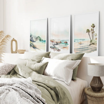 Tropical Beach Wall Art Set of 3 Posters. White Frames for Bedroom.