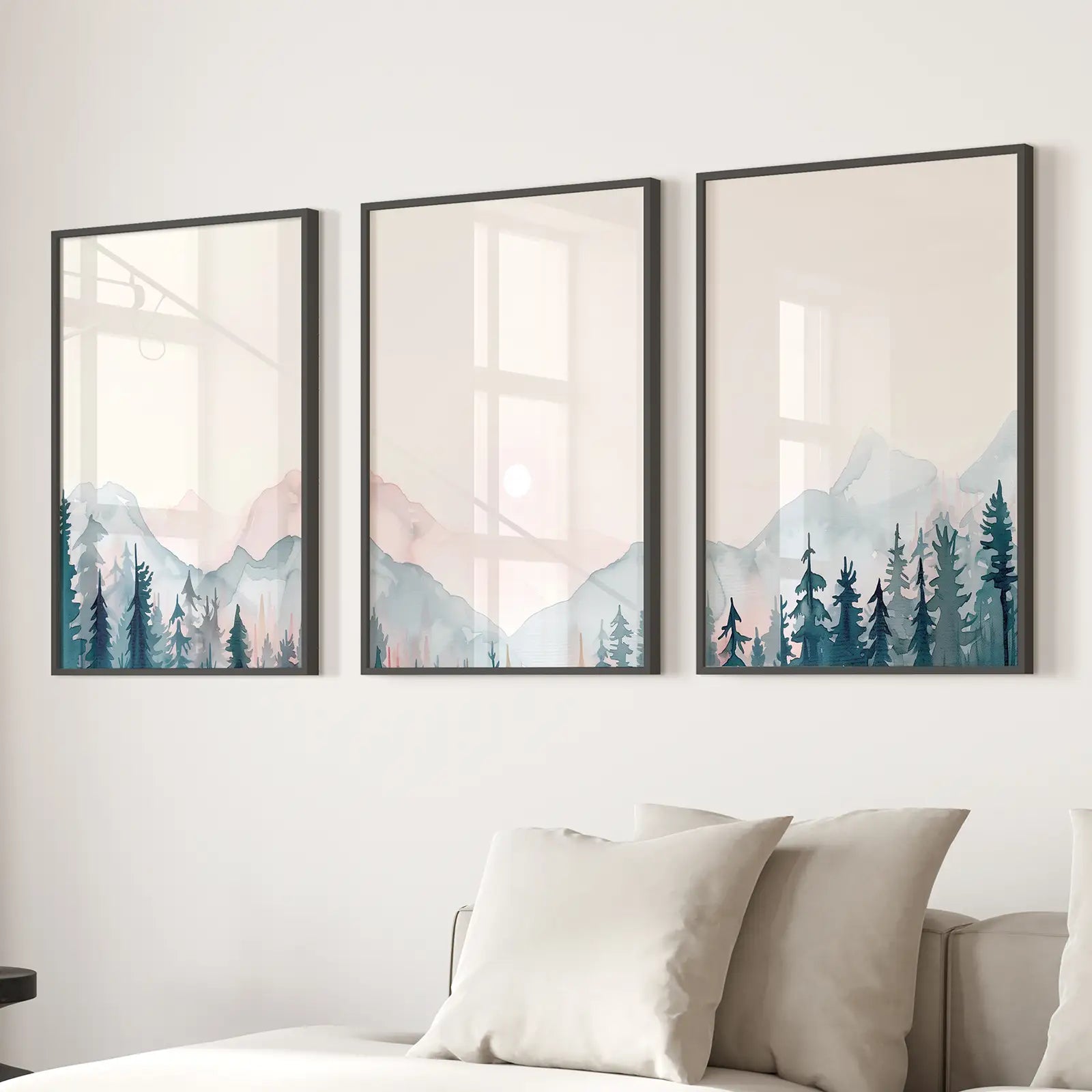 Landscape Set Printed Art Painting Decor Posters. Black Frames Above the Sofa.