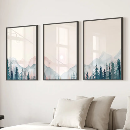 Landscape Set Printed Art Painting Decor Posters. Black Frames Above the Sofa.