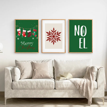 Nursery Xmas Decorations Print Poster Set. Thin Wood Frames Over the Coach.