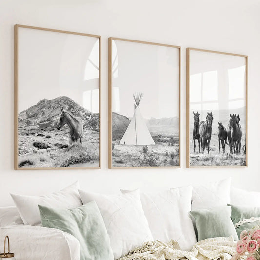 Black White Western Wall Art Set. Desert, Horses, Tepee